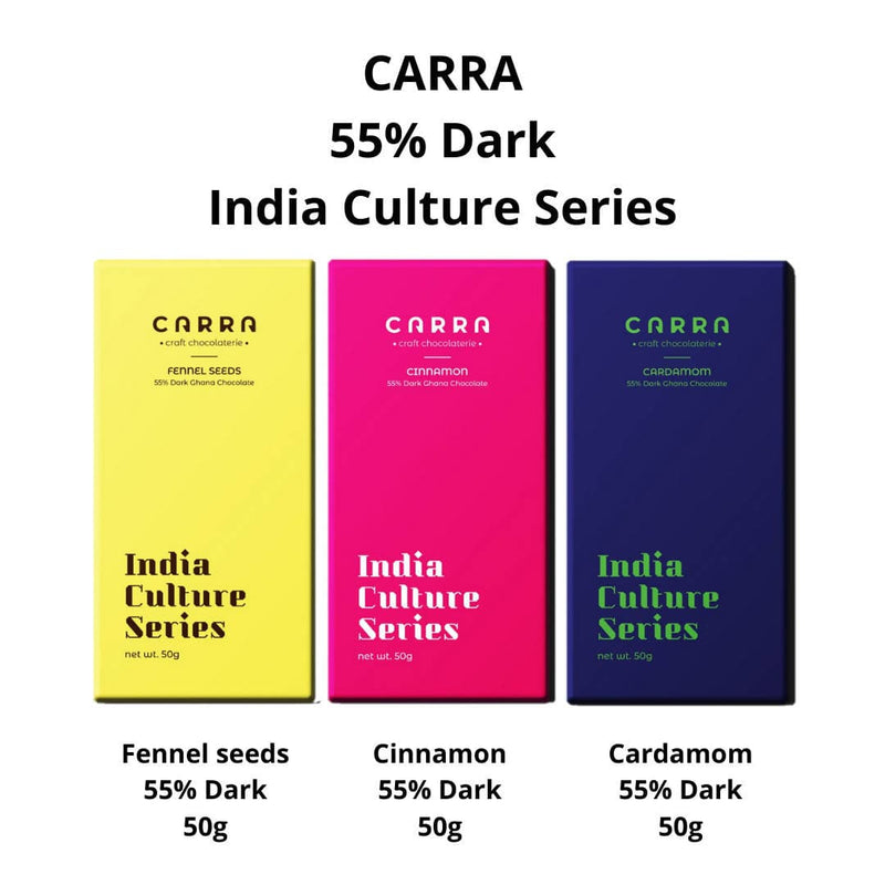 Carra 55% Dark | India Culture Series | Pack of 3 : Fennel seeds, Cinnamon, Cardamom ; 150g - plant based Dukan