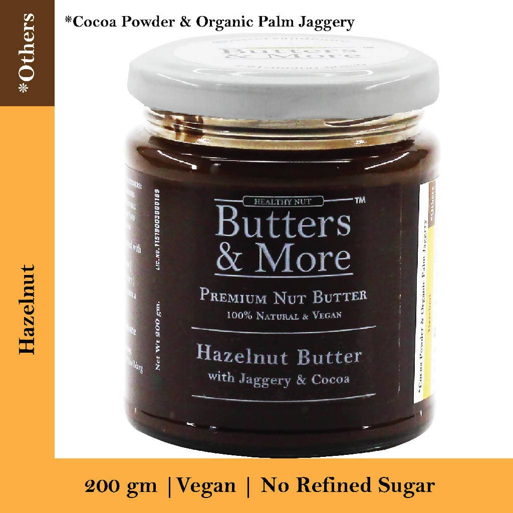 Butters & More Vegan Hazelnut Butter with Dark Cocoa & Organic Palm Jaggery (200g). No Refined Sugar. Healthy Chocolate Spread. - Vegan Dukan