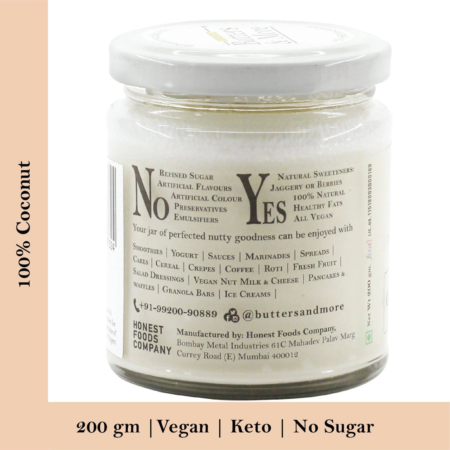 Butters & More Vegan Coconut Butter, Unsweetened & Single Ingredient Nut Butter. (200g) - Vegan Dukan