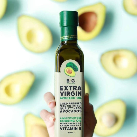 Black & Green Extra Virgin Cold Press Multipurpose Avocado Cooking Oil Bottle, 250 ml - plant based Dukan