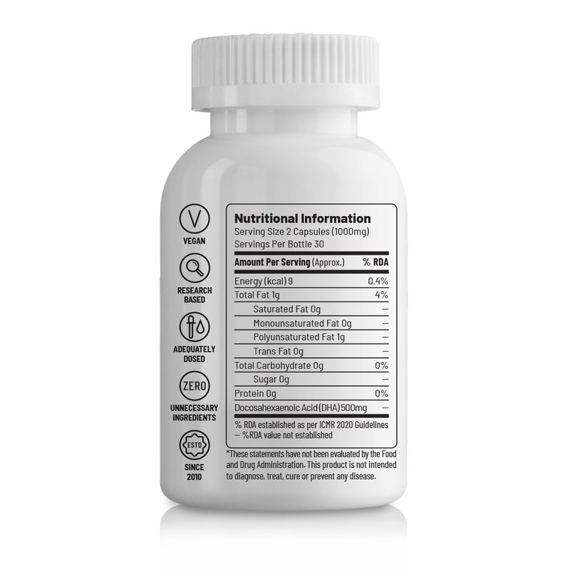 Unived Plant Based Ovegha Supplement (Plant-Based Omega 3), 1000 mg Algal Oil (500mg DHA)  per serving (60 Plant-Based capsules)