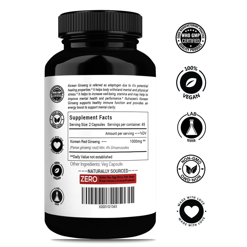 Nutrazee Korean Red Panax Ginseng 500mg - 90 Vegan Capsules - Vegan Dukan