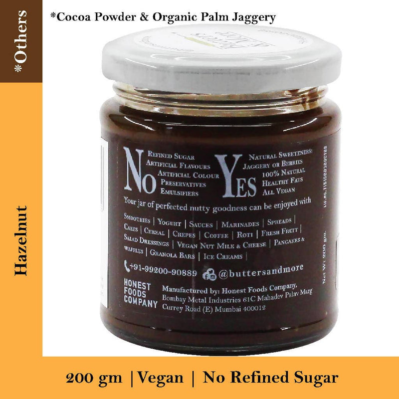 Butters & More Vegan Hazelnut Butter with Dark Cocoa & Organic Palm Jaggery (200g). No Refined Sugar. Healthy Chocolate Spread. - Vegan Dukan