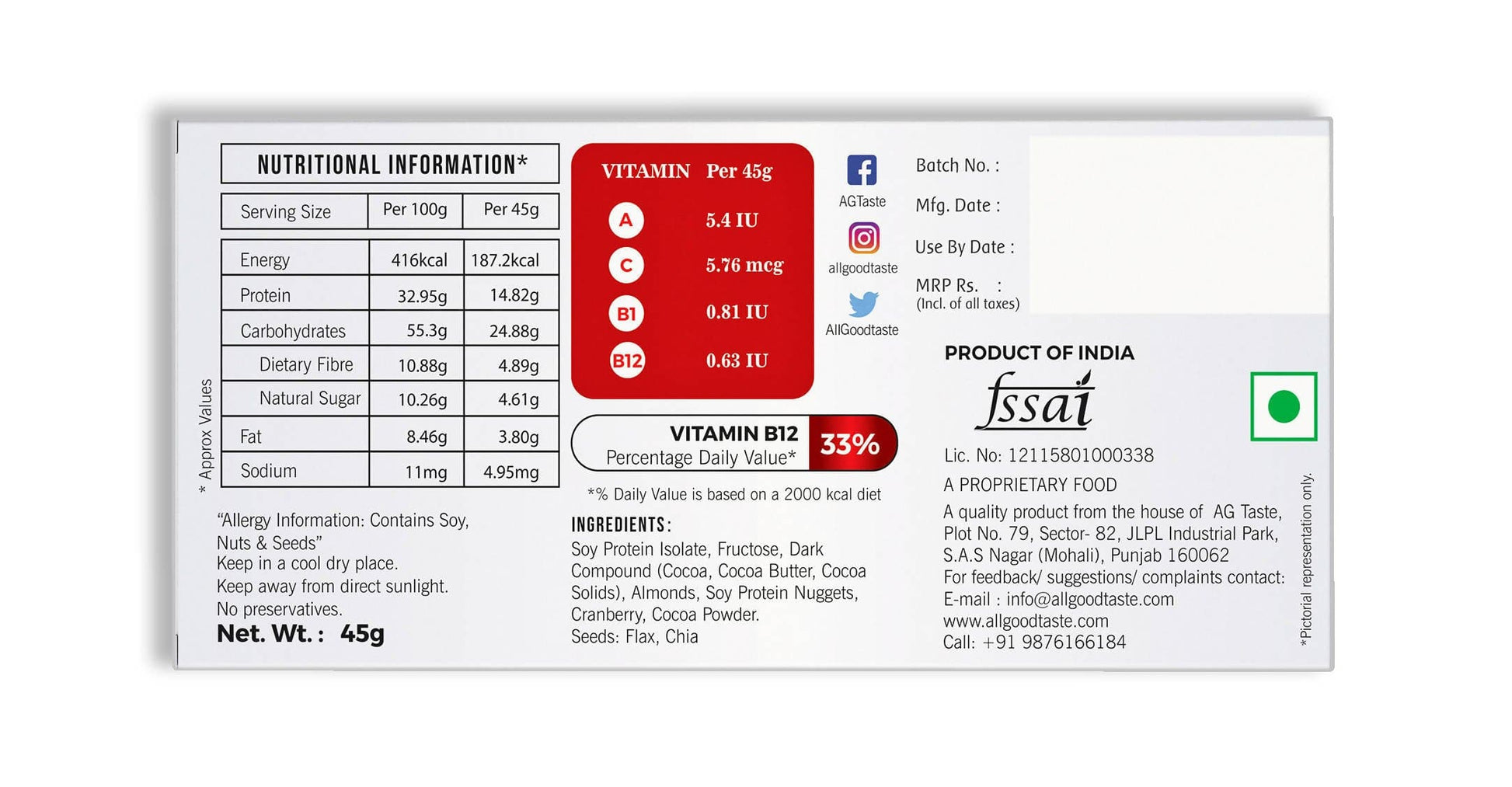 Ag Taste Chocolate Cranberry Protein Bar Nutritional Information
