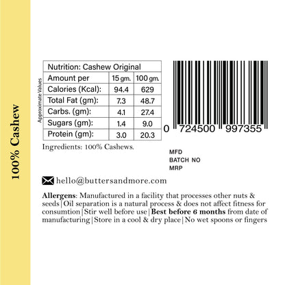 Butters & More Vegan Cashew Butter Unsweetened, Single Ingredient Nut Butter. (200g) - Vegan Dukan