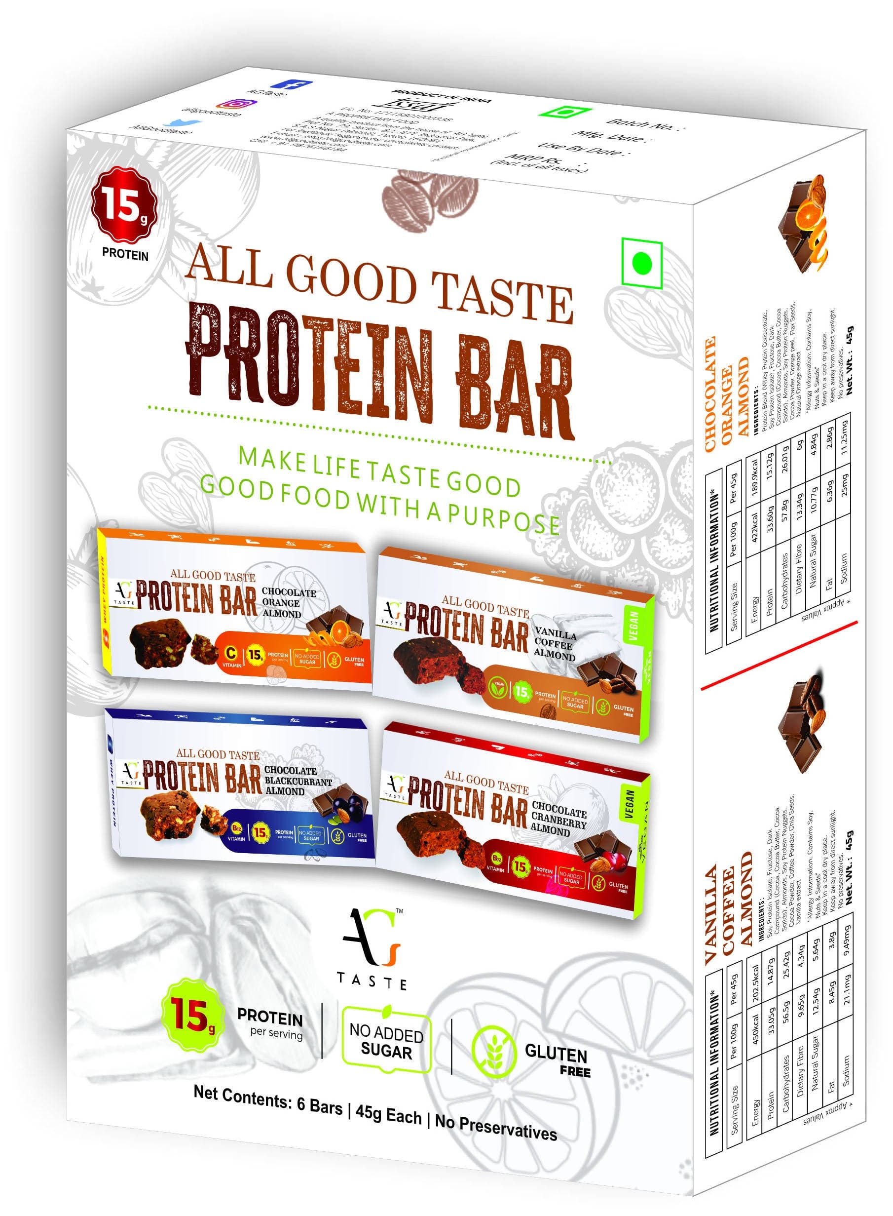 AG Taste Vanilla Coffee Almond Protein Bar - 270 g, Pack of 6 - plant based Dukan