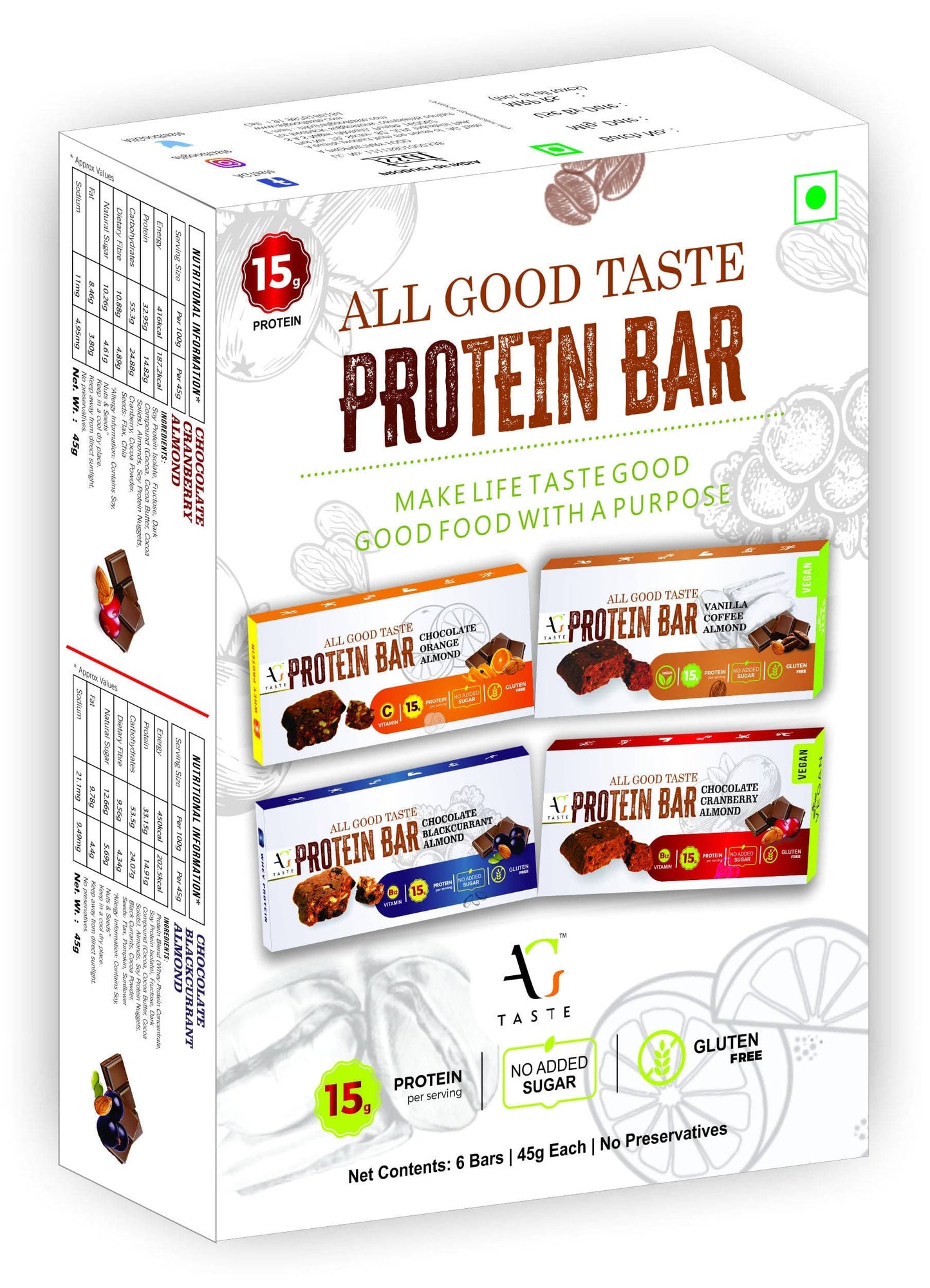 AG Taste Vanilla Coffee Almond Protein Bar - 270 g, Pack of 6 - plant based Dukan