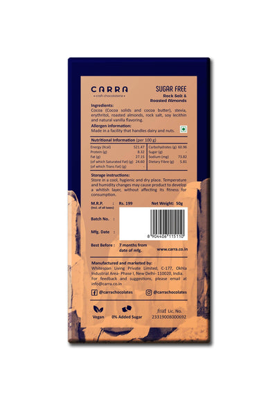 Carra Sugar Free Chocolate Bars | Pack of 4 - Coffee with coffee nibs in Vegan Milk 40% and Rock Salt & Roasted Almonds in Dark 70% ; 200g; Diabetic & Keto Friendly - Vegan Dukan