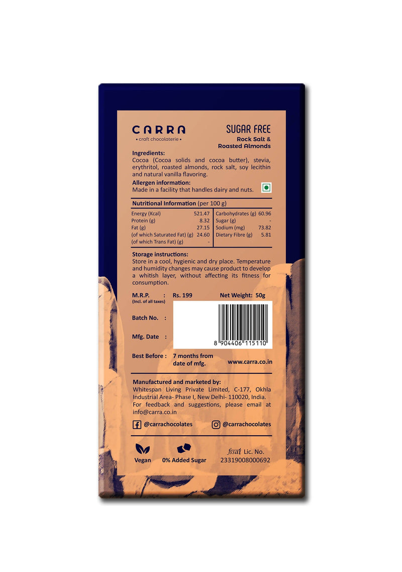 Carra Sugar Free Chocolate Bars | Pack of 4 - Coffee with coffee nibs in Vegan Milk 40% and Rock Salt & Roasted Almonds in Dark 70% ; 200g; Diabetic & Keto Friendly - Vegan Dukan
