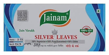 Jainam Edible Silver Leaves, No 153 pm.sq; 15 Sheets - plant based Dukan