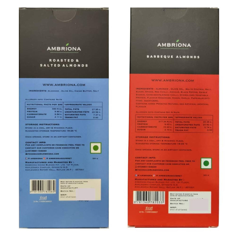 Ambriona Barbeque Almonds | Roasted & salted almonds | Source of Protein , Nutrients & Antioxidants . NON GMO, 2 x 50 gm - plant based Dukan