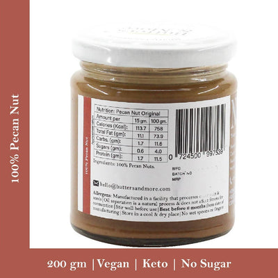 Butters & More Vegan Pecan Nut Butter Unsweetened, Single Ingredient Nut Butter. (200g) - Vegan Dukan