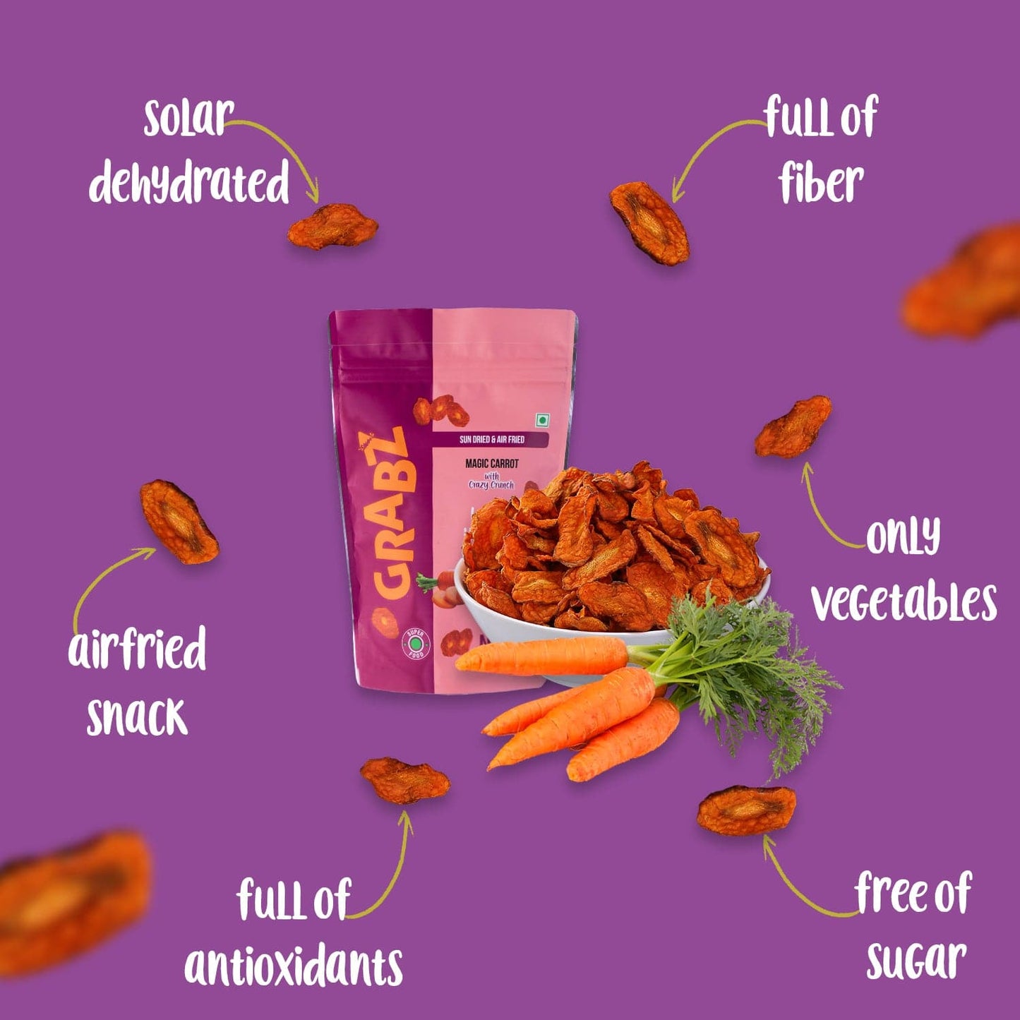 Grabz Air fried Carrot Chips (Pack of 6 x 25 Grams Each) With sprinkled olive oil and herbs