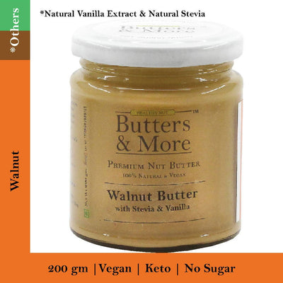 Butters & More Vegan Walnut Butter with Natural Vanilla Extract & Natural Stevia Extract (200G). Keto & Diabetic Friendly Nut Butter. - Vegan Dukan