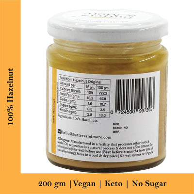 Butters & More Vegan Hazelnut Butter Unsweetened, Single Ingredient Nut Butter. (200g) - Vegan Dukan