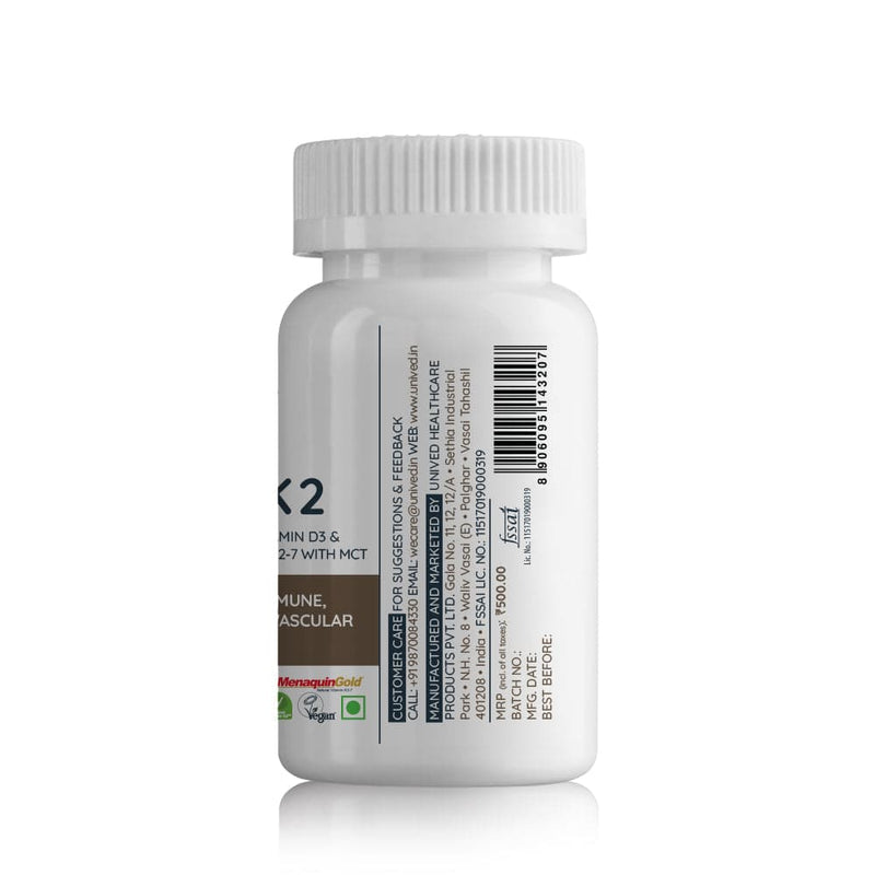 Unived Basics D3+K2 (MK-7), Immunity, Heart, Muscle, & Bone Health - 30 Capsules - plant based Dukan