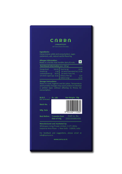Carra Cardamom | India Culture Series | 55% Dark Chocolate | 50g x 3 bars
