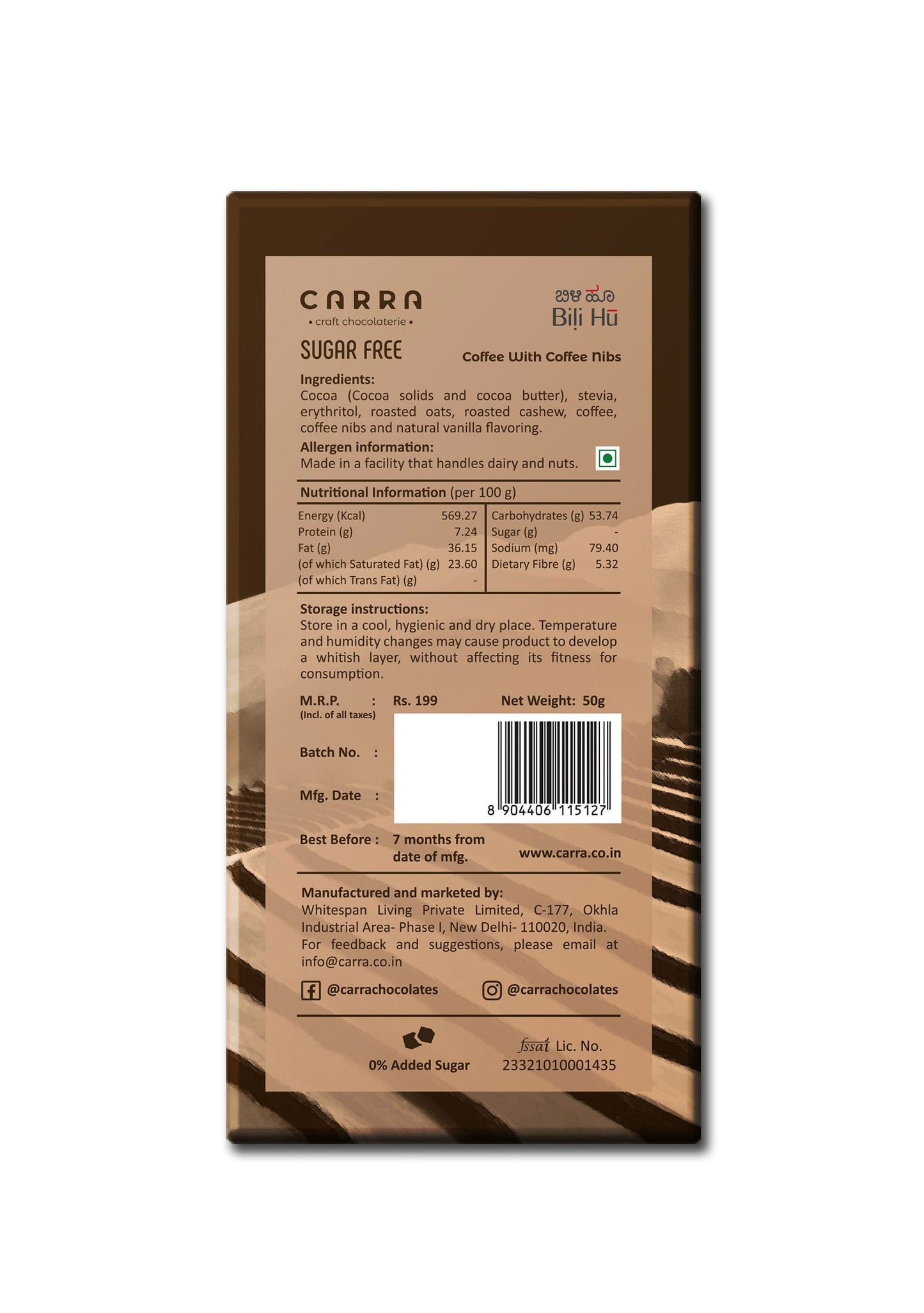 Carra Coffee with coffee nibs | Mylky 40% | Sugar Free | 50g x 3 bars