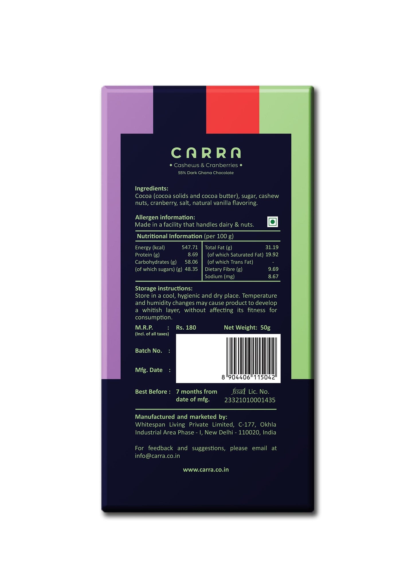 Carra Cashews & Cranberries | 55% Dark Chocolate | 50g x 3 bars