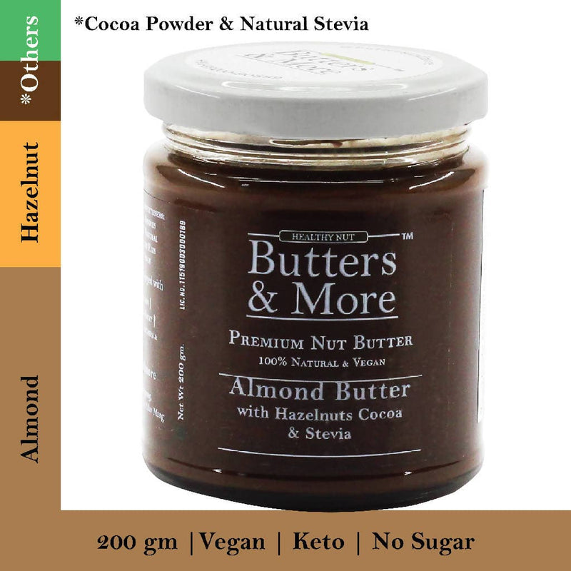 Butters & More Vegan Almond Butter with Hazelnuts, Dark Cocoa & Stevia (200g) - Vegan Dukan