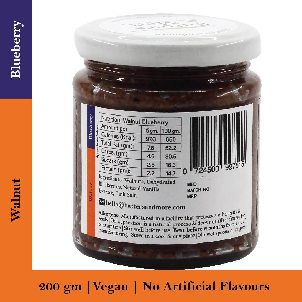 Butters & More Vegan Walnut Butter with Natural Blueberries (200G) No Artificial Flavours Or Colour. - Vegan Dukan