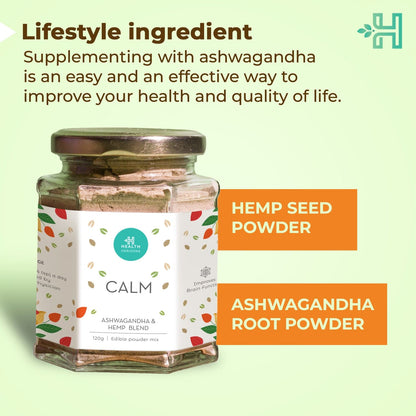 Health Horizons Ashwagandha & Hemp Blend | Edible Powder Mix | Clam Blend for Stress Relief | 120 gm