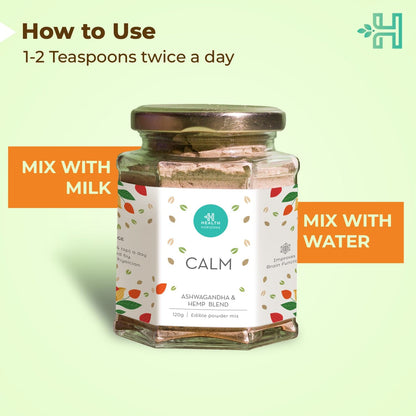 Health Horizons Ashwagandha & Hemp Blend | Edible Powder Mix | Clam Blend for Stress Relief | 120 gm