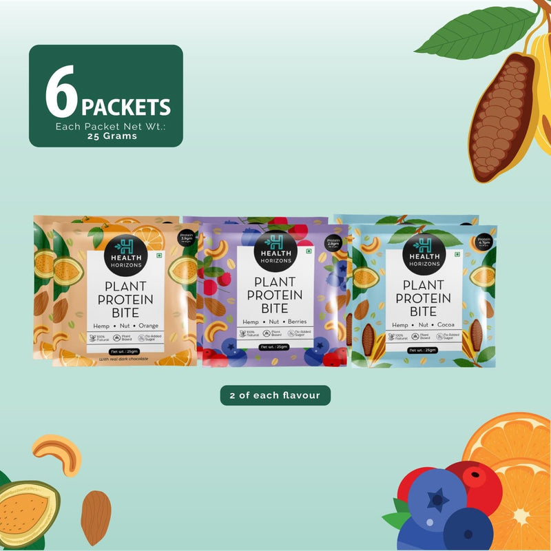 Health Horizons Plant Protein Bites (25g X Pack of 6) | Cocoa, Orange & Berries Flavour |4.7g Protein per bite