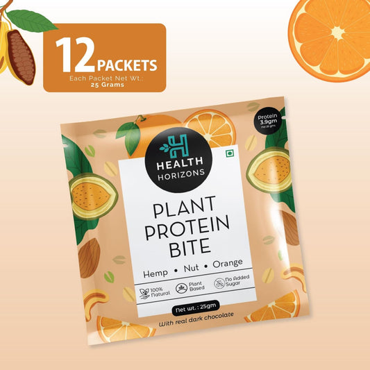 Health Horizons Plant Protein Bites ( 25g X Pack of 12) | Orange & Dark Chocolate Flavour |3.9g Protein per bite