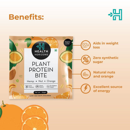 Health Horizons Plant Protein Bites ( 25g X Pack of 12) | Orange & Dark Chocolate Flavour |3.9g Protein per bite