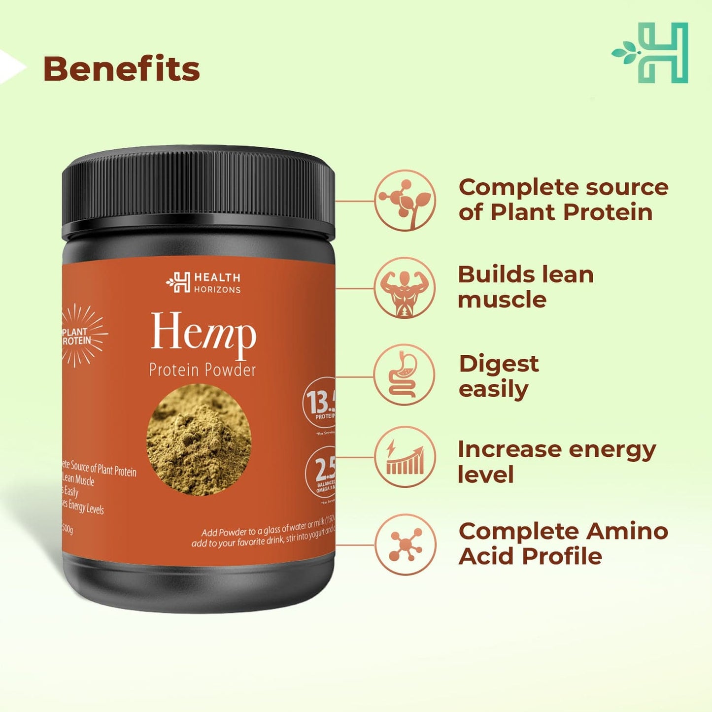 Health Horizons Hemp Protein Powder | Plant Protein | Help in Digestive System & Build Lean Muscle | Amino Acids | 500g