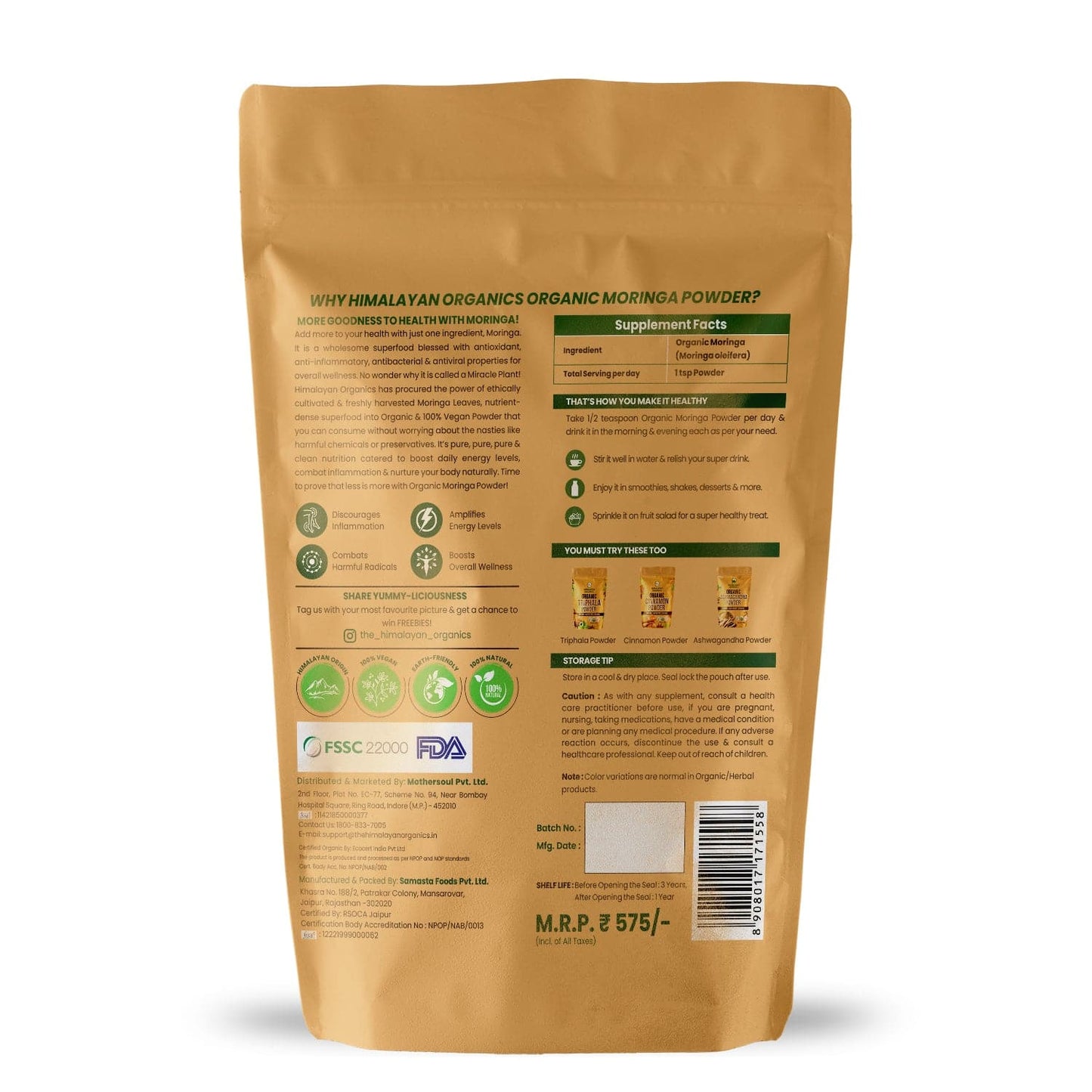 Himalayan Organics Certified Organic Moringa Powder (Moringa Oleifera) 350g