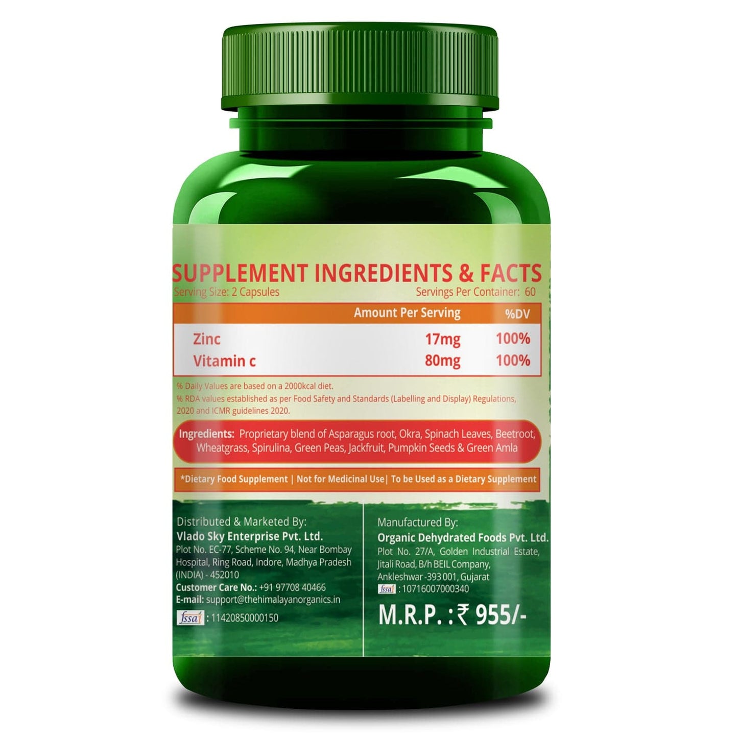 Himalayan Organics Zinc Citrate Supplement with Vitamin C | 120 Tablets