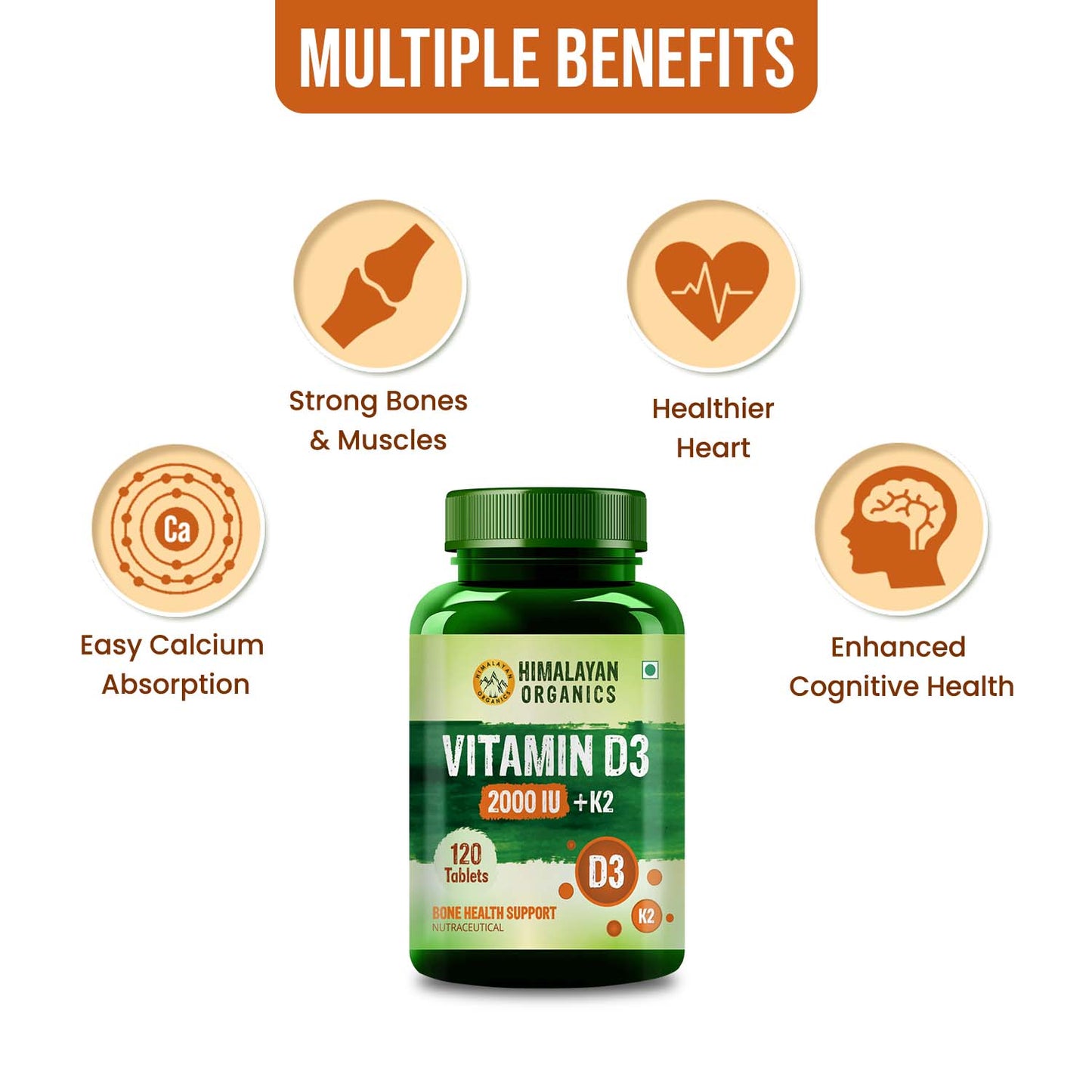 Himalayan Organics Vitamin D3 2000 IU Supplement + Vitamin K2 as Mk7 - 120 Veg Tablets