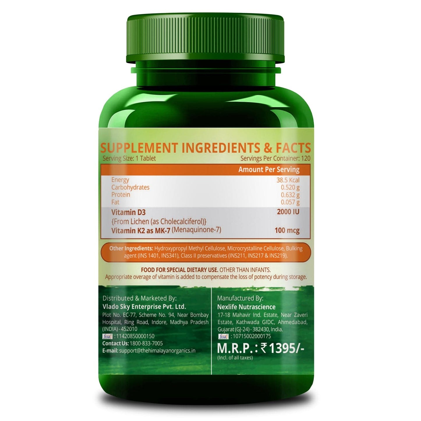 Himalayan Organics Vitamin D3 2000 IU Supplement + Vitamin K2 as Mk7 - 120 Veg Tablets