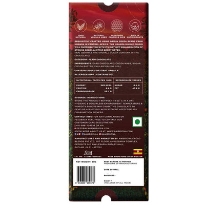 Ambriona - Dark Chocolate 80% Cocoa Uganda Single Origin | Vegan | Gluten Free | 2 x 50 gm - Vegan Dukan