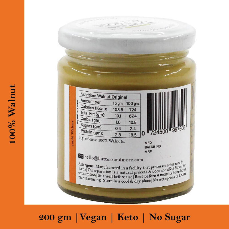 Butters & More Vegan Walnut Butter Unsweetened, Single Ingredient Nut Butter. (200g) - Vegan Dukan