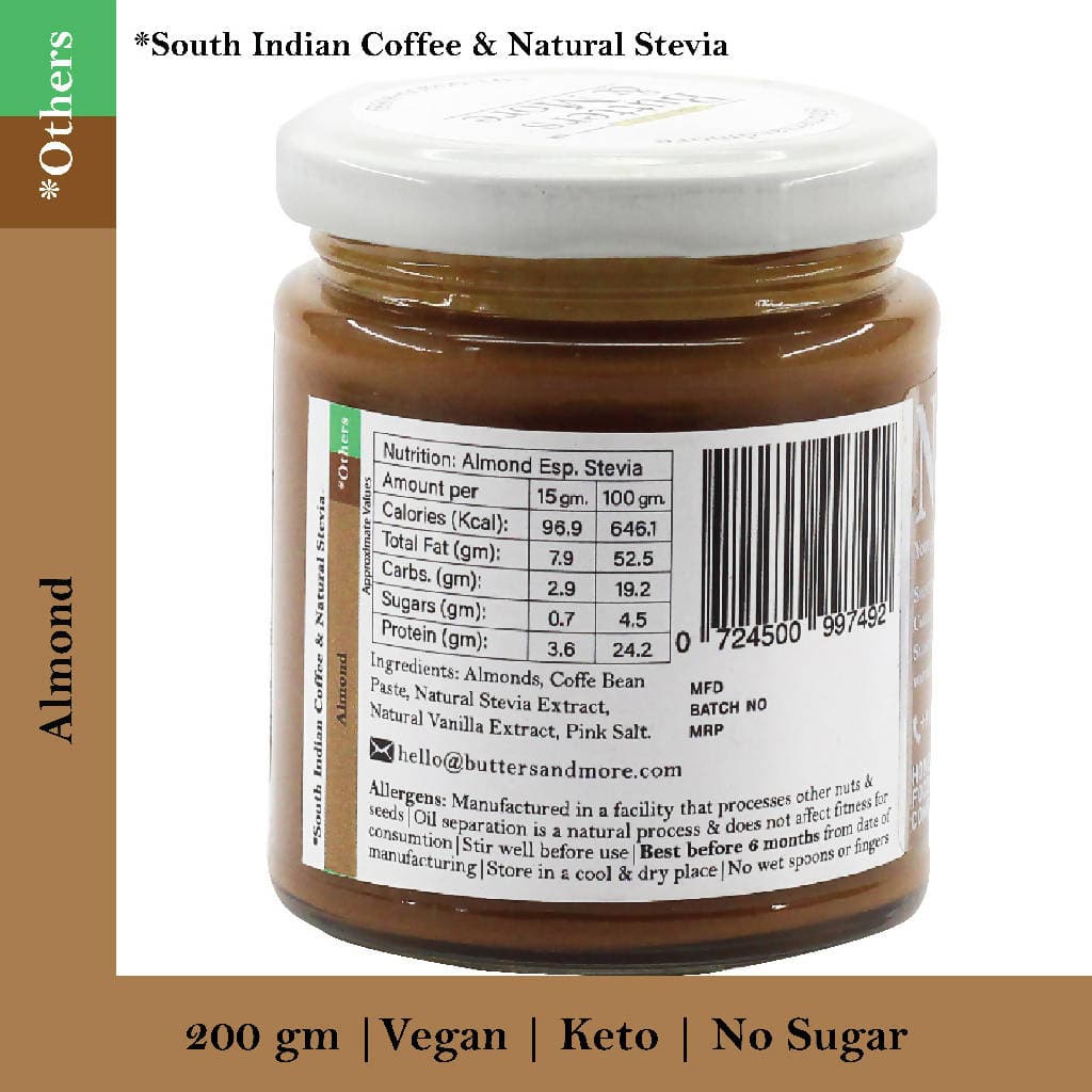 Butters & More Keto Espresso Almond Butter with South Indian Coffee & Natural Stevia Extract (200g) - plant based Dukan