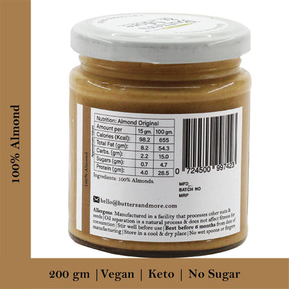 Butters & More Vegan Almond Butter Unsweetened(200g) - Vegan Dukan