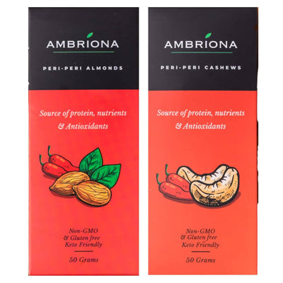 Ambriona Peri-Peri Almonds & Peri-Peri Cashews All Natural , Source of Protein , Nutrients & Antioxidants . NON GMO, GLUTEN FREE & KETO FRIENDLY | 2 x 50 gm