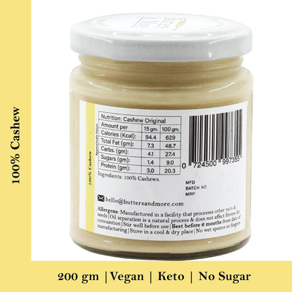 Butters & More Vegan Cashew Butter Unsweetened, Single Ingredient Nut Butter. (200g) - Vegan Dukan
