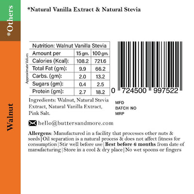 Butters & More Vegan Walnut Butter with Natural Vanilla Extract & Natural Stevia Extract (200G). Keto & Diabetic Friendly Nut Butter. - Vegan Dukan