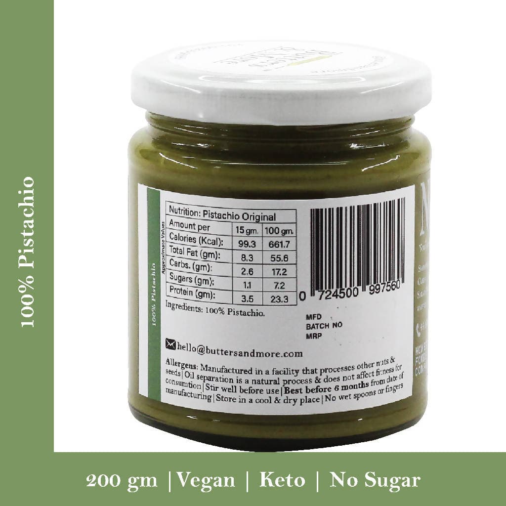 Butters & More Vegan Premium Pistachio Butter Unsweetened, Single Ingredient. (200g) - Vegan Dukan