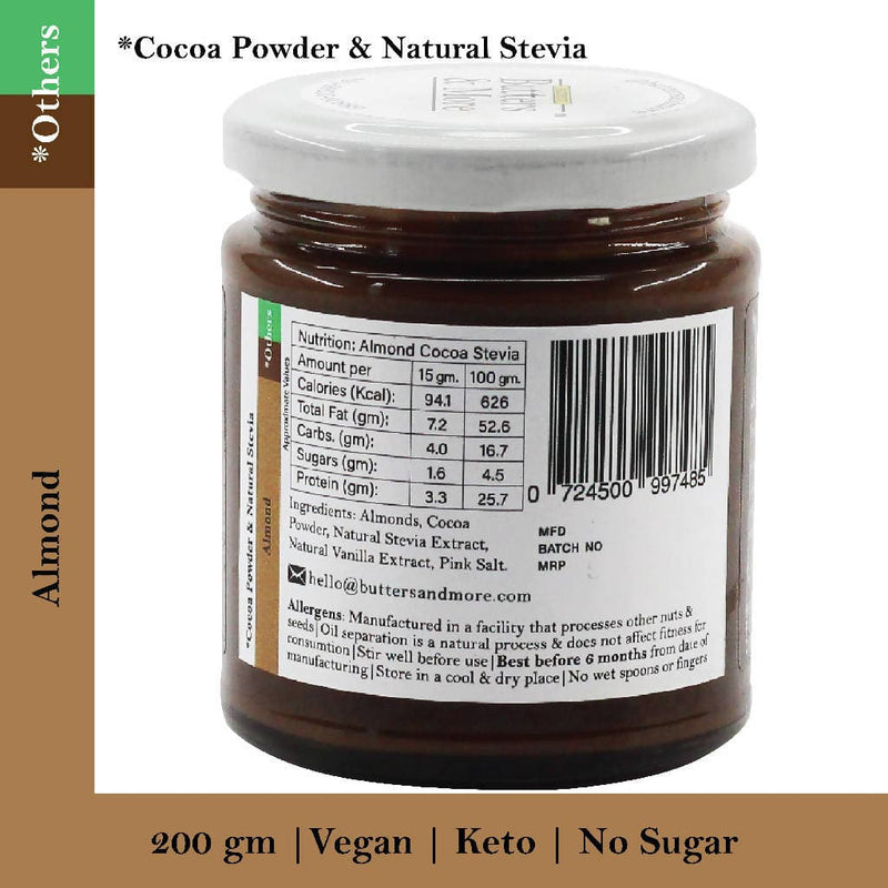 Butters & More Vegan Almond Butter with Dark Cocoa & Natural Stevia Extract(200g) - Vegan Dukan