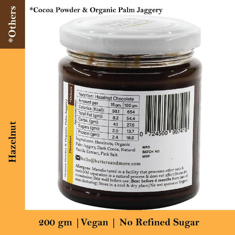 Butters & More Vegan Hazelnut Butter with Dark Cocoa & Organic Palm Jaggery (200g). No Refined Sugar. Healthy Chocolate Spread. - Vegan Dukan